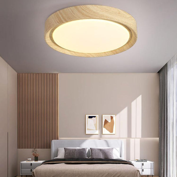 Einfache runde Deckenlampe für Schlafzimmer mit Holzmaserung