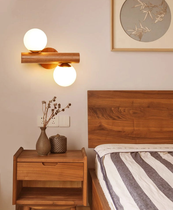 Applique murale de chambre à double tête en bois massif