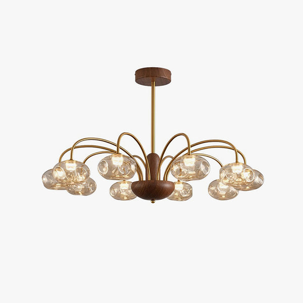 French mid-century style walnut grain glass living room chandelier