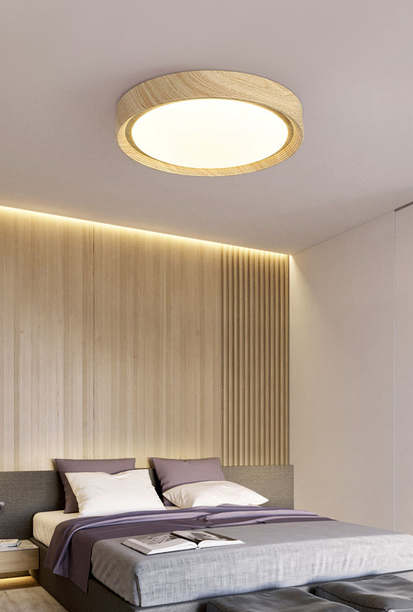 Einfache runde Deckenlampe für Schlafzimmer mit Holzmaserung