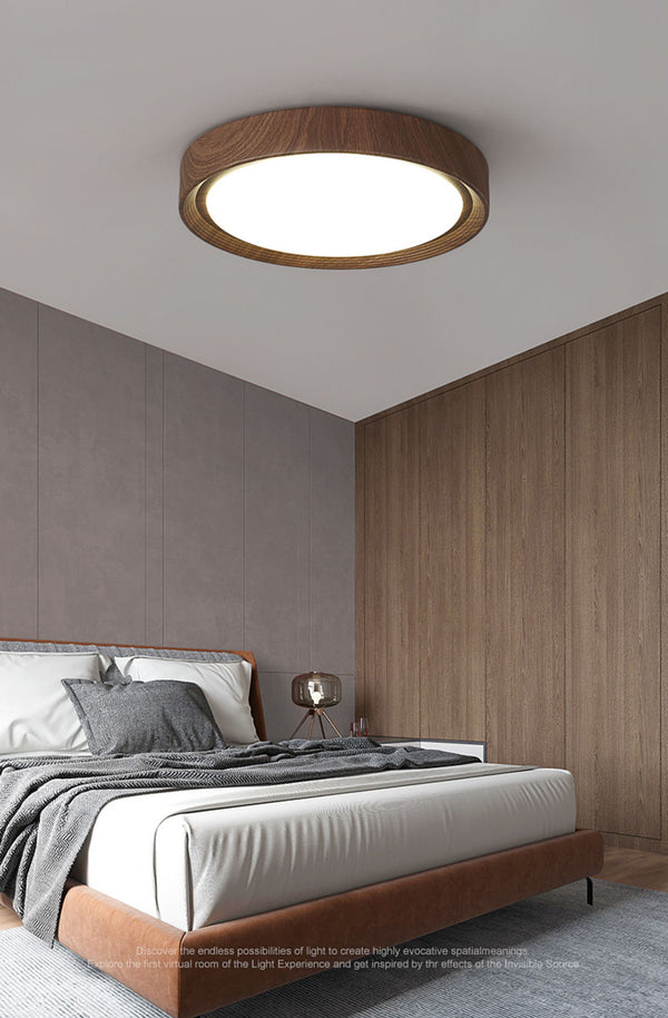 Einfache runde Deckenlampe für Schlafzimmer mit Holzmaserung