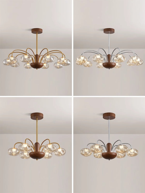 French mid-century style walnut grain glass living room chandelier