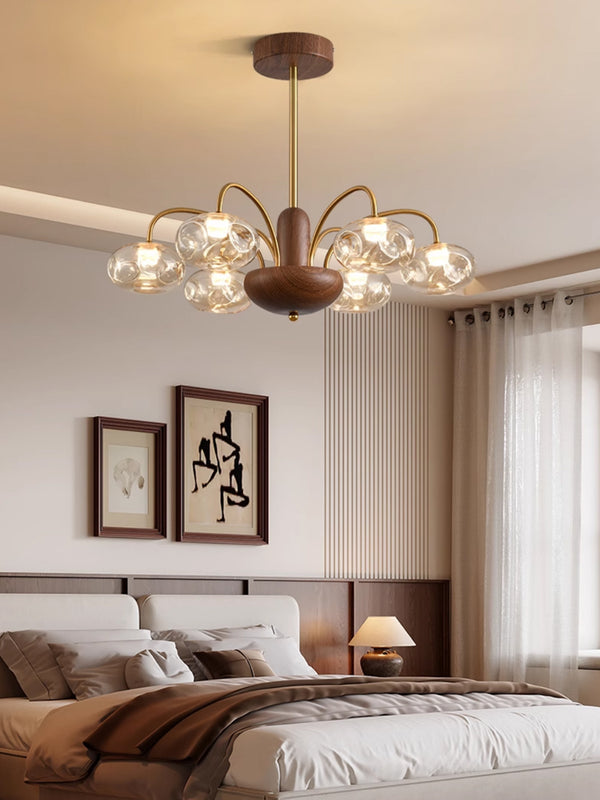 French mid-century style walnut grain glass living room chandelier