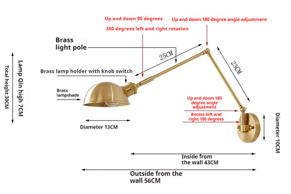 Industrial style vintage brass walnut long arm telescopic with switch bedroom bedside wall lamp