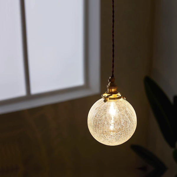 Vintage Brass Cracked Glass Bedroom Bedside Pendant light