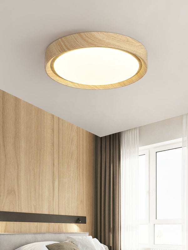Einfache runde Deckenlampe für Schlafzimmer mit Holzmaserung