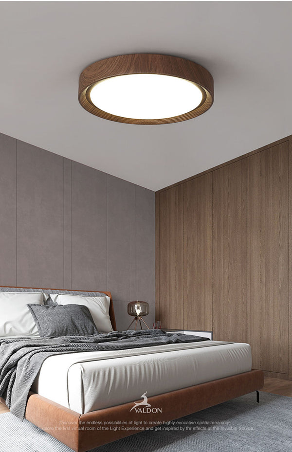 Einfache runde Deckenlampe für Schlafzimmer mit Holzmaserung