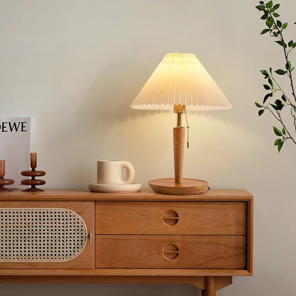 Vintage Massivholz Plissee Tischlampe