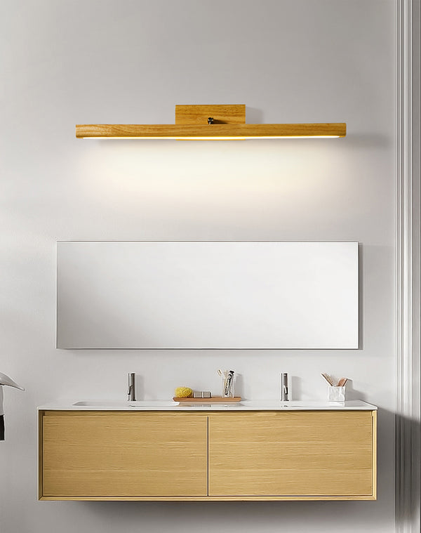 Wandlampe aus massivem Holz mit langem Spiegel