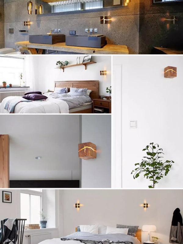 Wandleuchte aus rissigem Massivholz