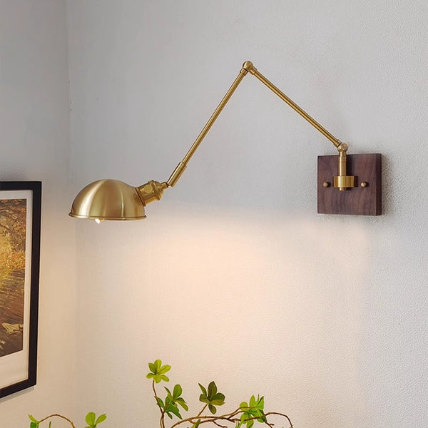 Industrial style vintage brass walnut long arm telescopic with switch bedroom bedside wall lamp
