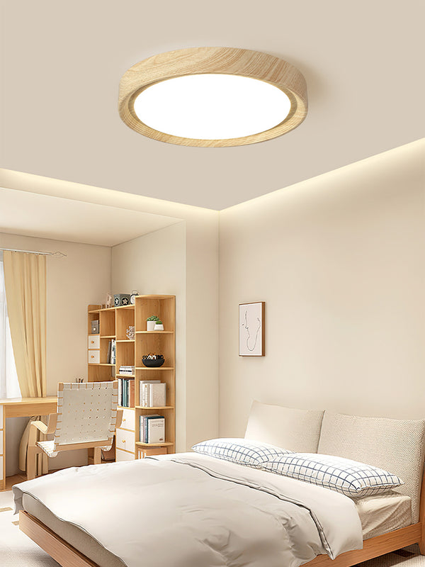 Einfache runde Deckenlampe für Schlafzimmer mit Holzmaserung