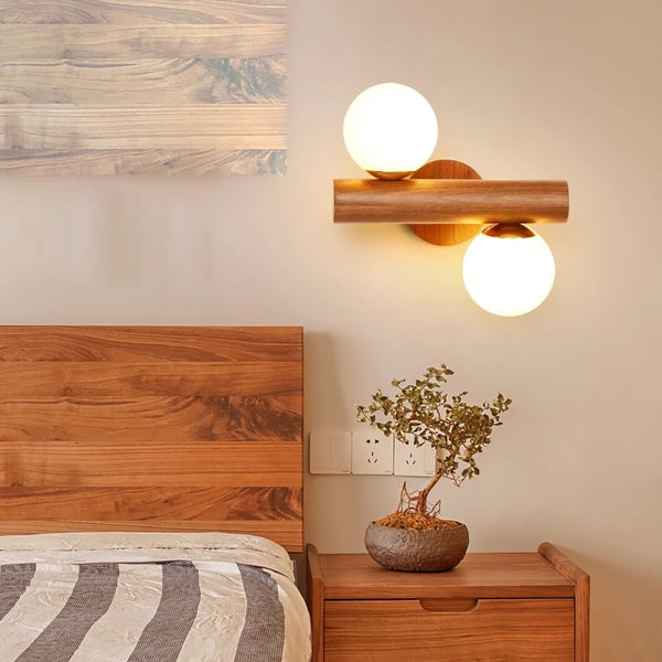 Applique murale de chambre à double tête en bois massif