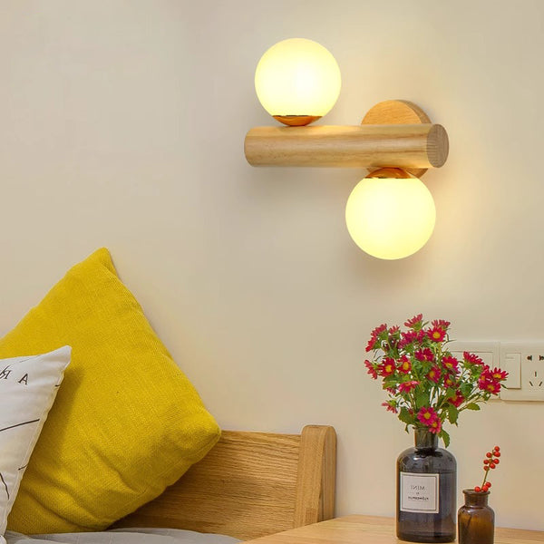 Applique murale de chambre à double tête en bois massif