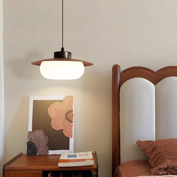 French mid-century style walnut color dining table chandelier