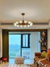 French mid-century style walnut grain glass living room chandelier