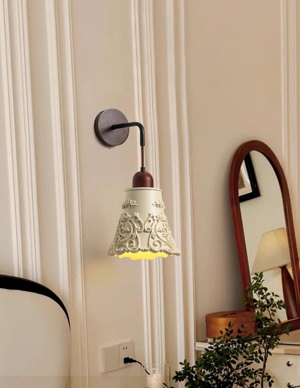 Vintage walnut carved wall lamp