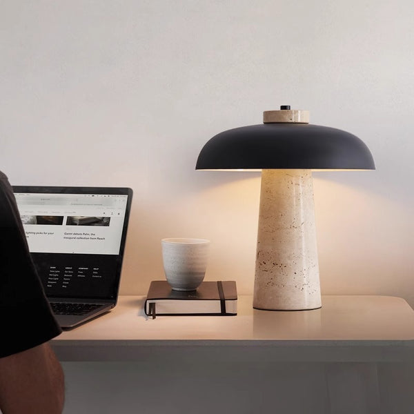 Lampe de table champignon en travertin jaune