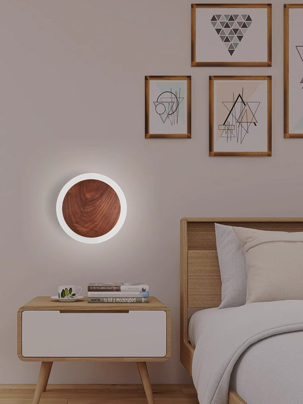 Walnut Round Bedroom Bedside Wall Lamp