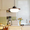 French mid-century style walnut color dining table chandelier