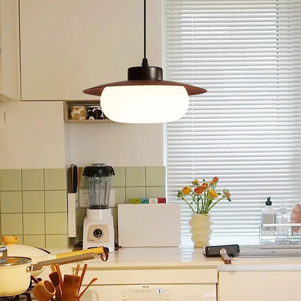 French mid-century style walnut color dining table chandelier