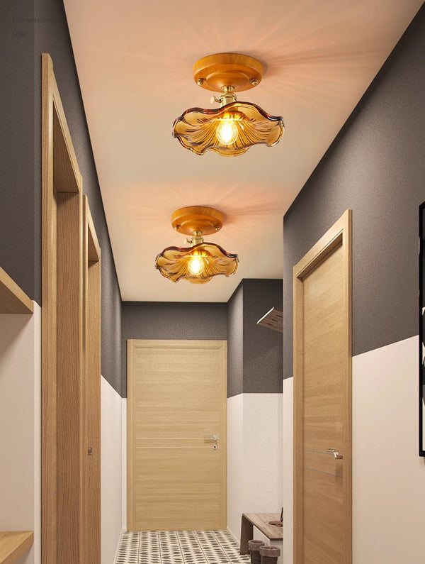 American retro solid wood glass corridor ceiling lamp