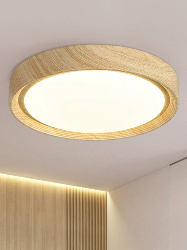 Einfache runde Deckenlampe für Schlafzimmer mit Holzmaserung