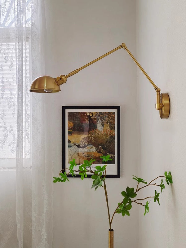 Industrial style vintage brass walnut long arm telescopic with switch bedroom bedside wall lamp