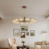 French mid-century style walnut grain glass living room chandelier