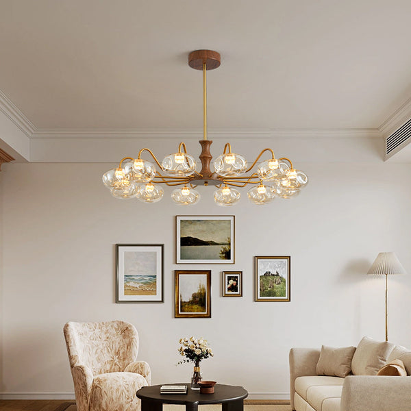 French mid-century style walnut grain glass living room chandelier