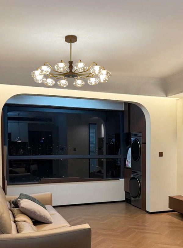 French mid-century style walnut grain glass living room chandelier