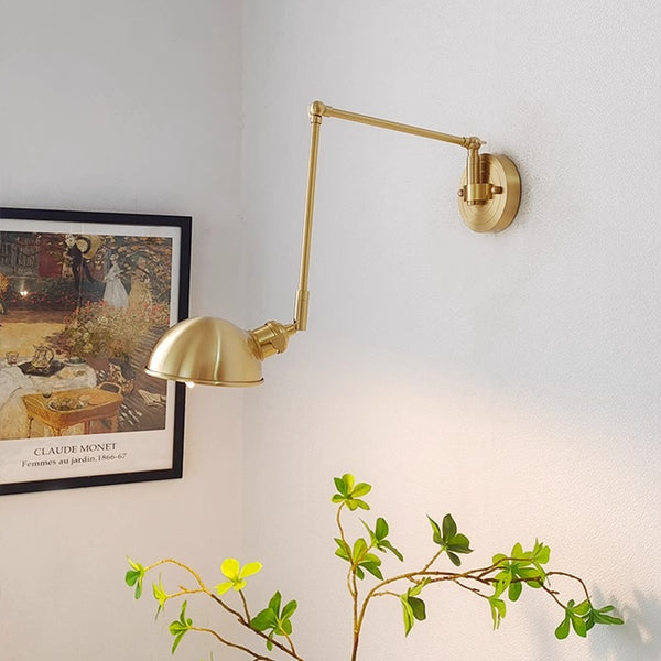 Industrial style vintage brass walnut long arm telescopic with switch bedroom bedside wall lamp
