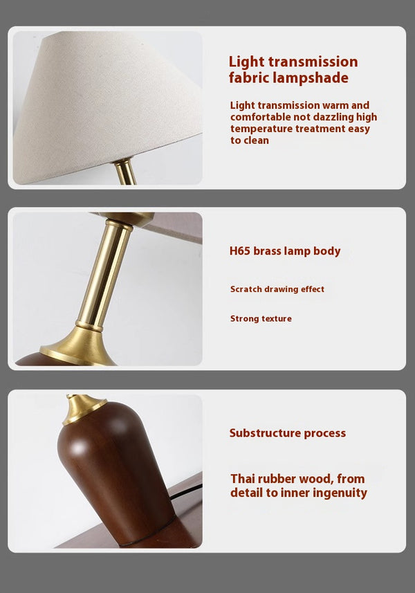 Lampe de table d'étude de chambre à coucher rétro en bois massif entièrement en cuivre