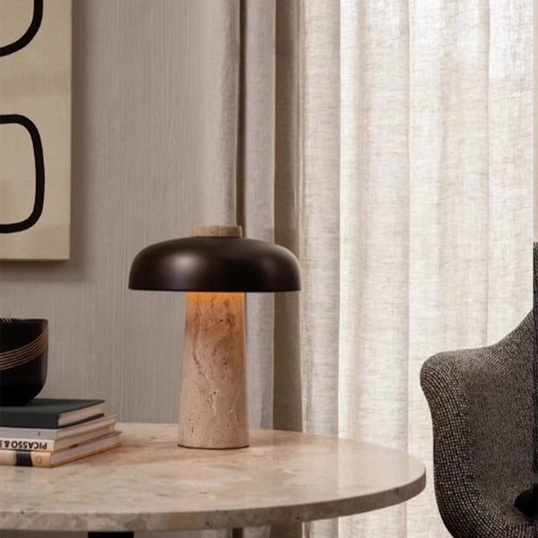 Lampe de table champignon en travertin jaune