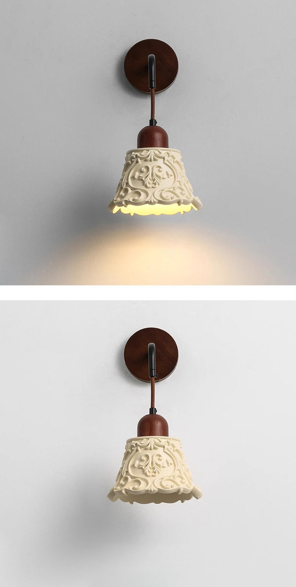 Vintage walnut carved wall lamp