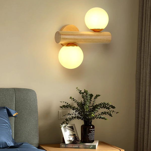 Applique murale de chambre à double tête en bois massif