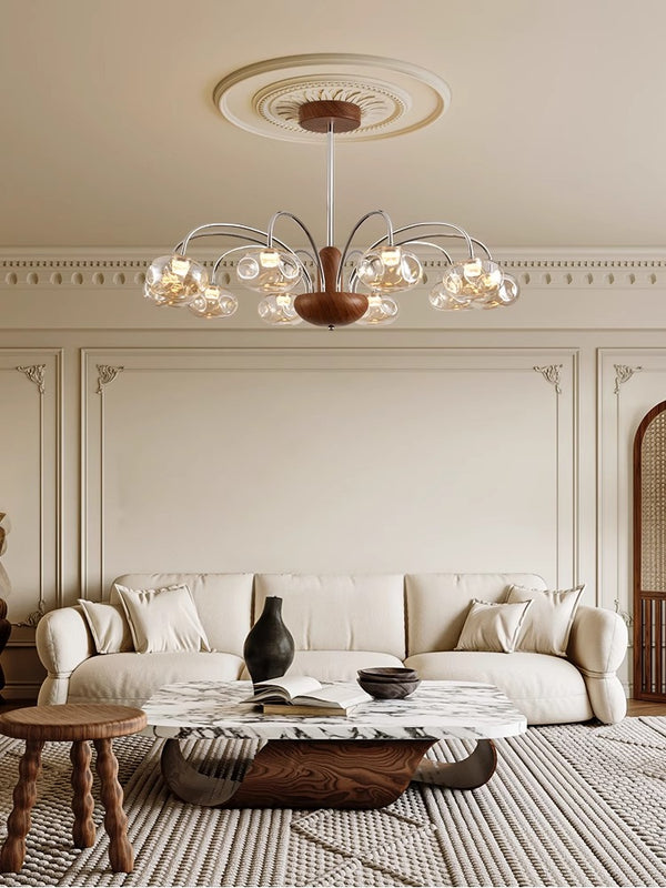 French mid-century style walnut grain glass living room chandelier
