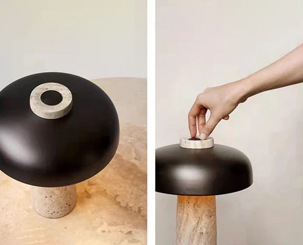 Lampe de table champignon en travertin jaune