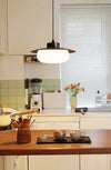 French mid-century style walnut color dining table chandelier