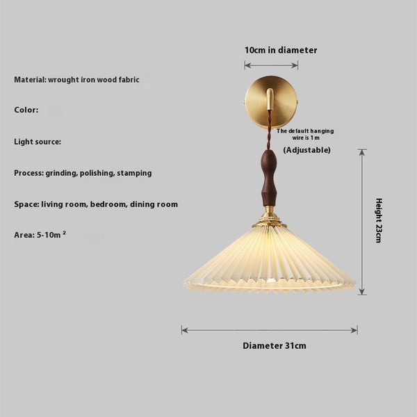 Vintage solid wood pleated bedside wall lamp