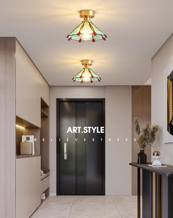 American retro copper color glass entrance corridor ceiling lamp