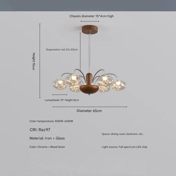 French mid-century style walnut grain glass living room chandelier