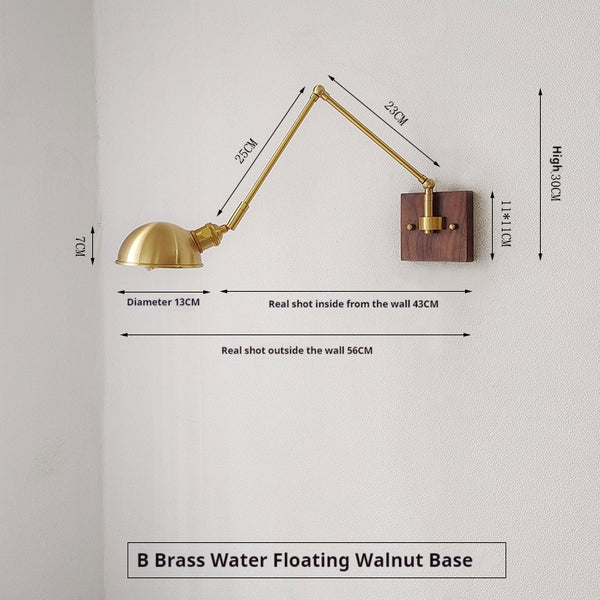 Industrial style vintage brass walnut long arm telescopic with switch bedroom bedside wall lamp