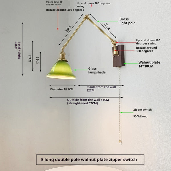 Nordic retro Japanese style long arm telescopic with switch bedroom bedside reading wall lamp