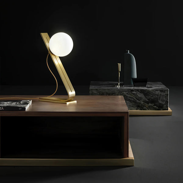 Industrial style desk, brass stand glass table lamp