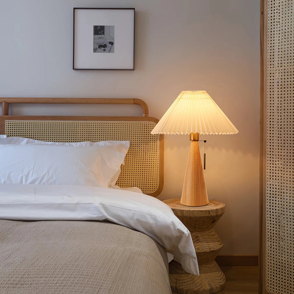 Japanese log style bedroom, pleated lampshade wooden table lamp