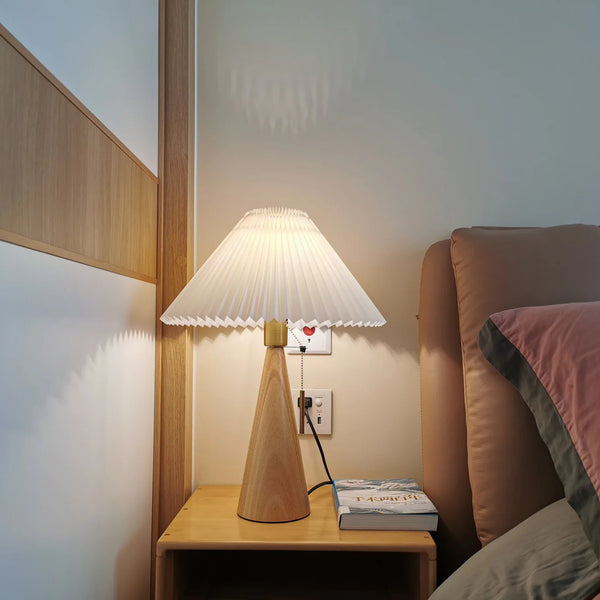 Japanese log style bedroom, pleated lampshade wooden table lamp