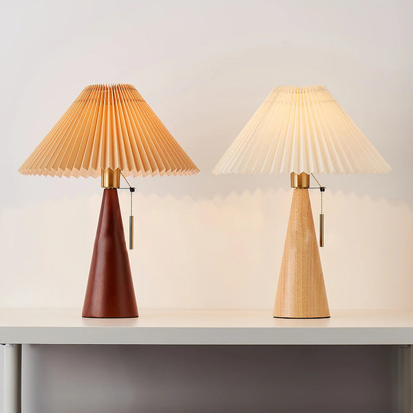 Japanese log style bedroom, pleated lampshade wooden table lamp