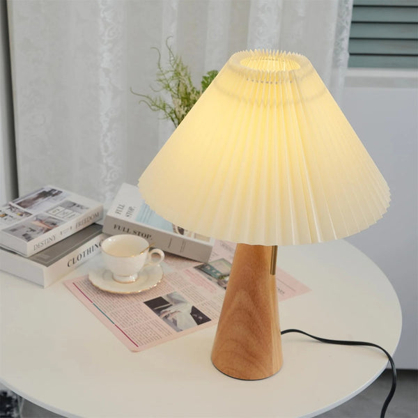 Japanese log style bedroom, pleated lampshade wooden table lamp