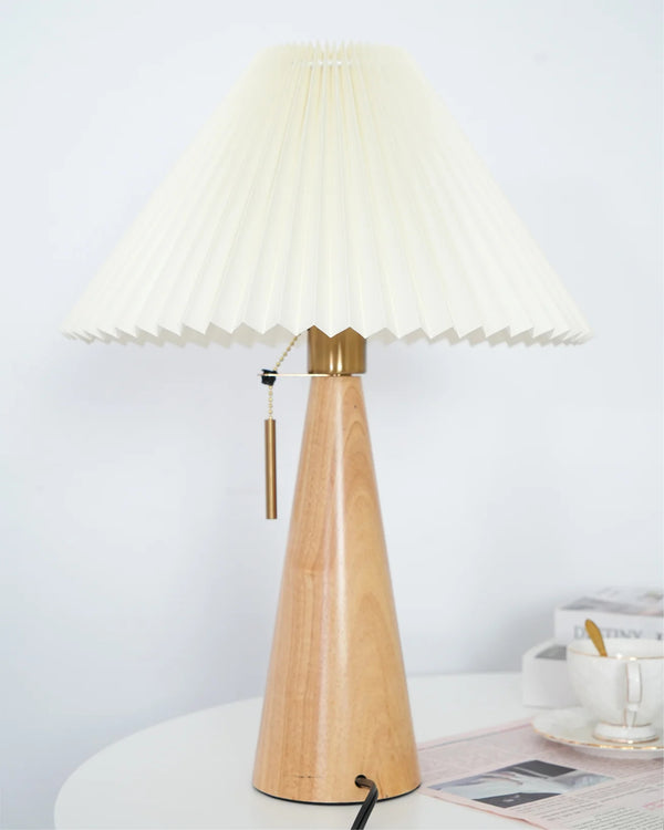 Japanese log style bedroom, pleated lampshade wooden table lamp